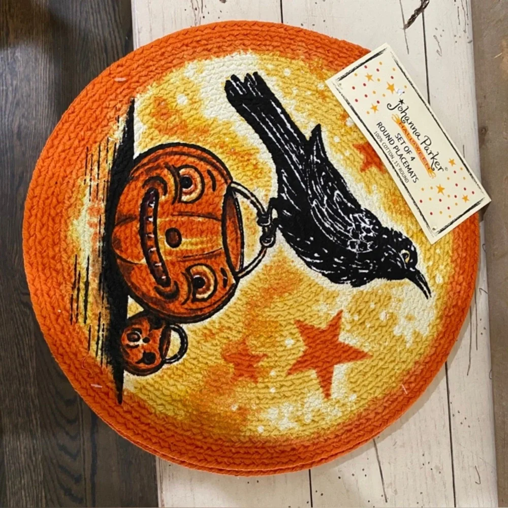 Johanna Parker Retro Halloween Happy Jack-o-lantern Crow 15” Round Placemats NEW